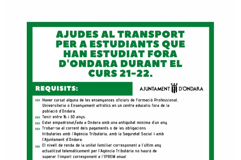 Abierta la solicitud de ayudas al transporte para estudiantes de Ondara hasta el 14 de diciembre Abierta la solicitud de ayudas al transporte para estudiantes de Ondara hasta el 14 de diciembre