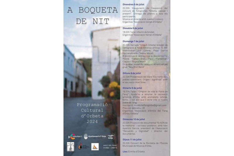 L’exposició fotogràfica “Orbeta, passat i present” inaugura divendres la setmana cultural d’Orba “A boqueta nit 2024” L’exposició fotogràfica “Orbeta, passat i present” inaugura divendres la setmana cultural d’Orba “A boqueta nit 2024”