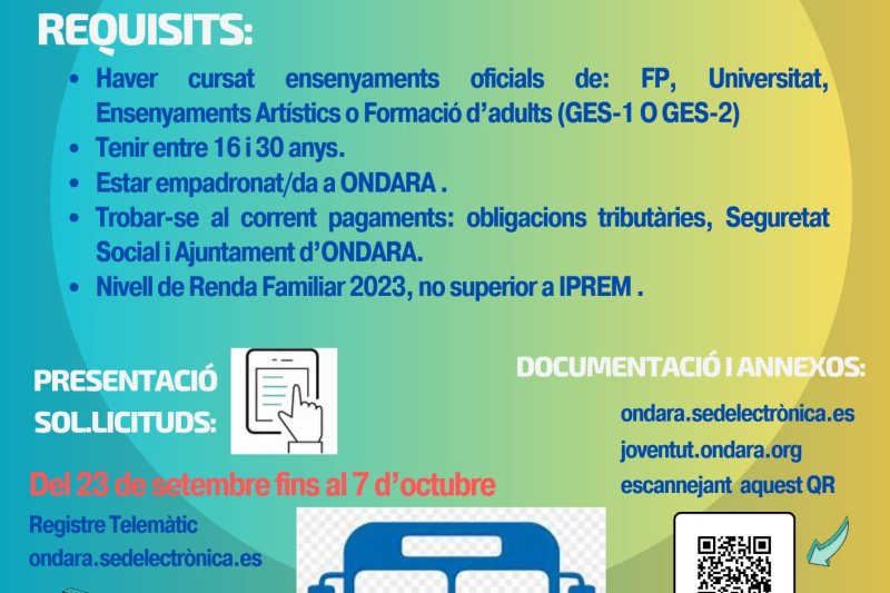 L’Ajuntament d’Ondara obri la sol·licitud a ajudes per al transport d’estudiants del municipi del 23 de setembre al 7 d’octubre L’Ajuntament d’Ondara obri la sol·licitud a ajudes per al transport d’estudiants del municipi del 23 de setembre al 7 d’octubre