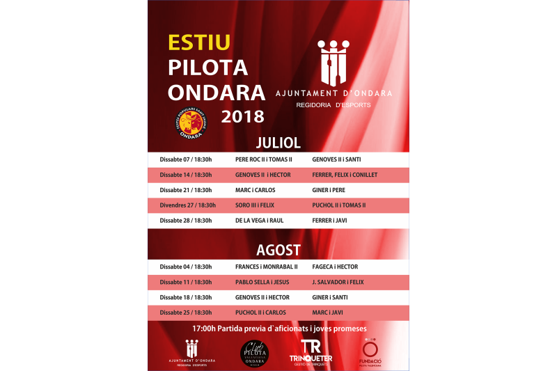 Pilota Valenciana: Partides professionals al trinquet d’Ondara durant juliol i agost Pilota Valenciana: Partides professionals al trinquet d’Ondara durant juliol i agost