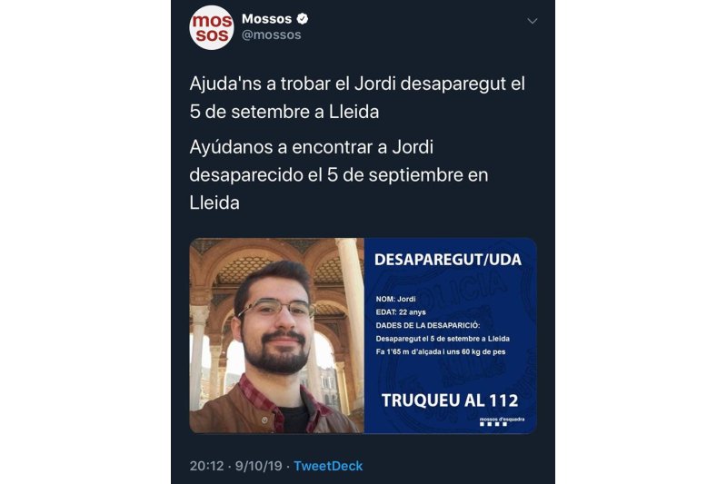 Buscan a un joven de la Marina Alta desaparecido desde el 5 de septiembre en Lleida Buscan a un joven de la Marina Alta desaparecido desde el 5 de septiembre en Lleida