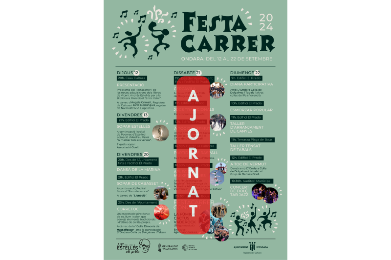 El Festacarrer  d'Ondara ajorna el programa de demà dissabte per les previsions de pluja i trasllada els actes al 2 de novembre El Festacarrer  d'Ondara ajorna el programa de demà dissabte per les previsions de pluja i trasllada els actes al 2 de novembre