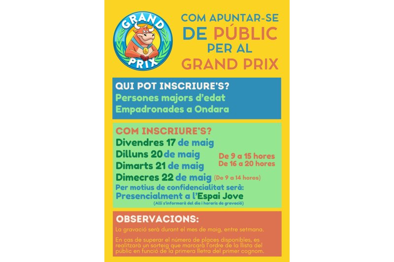 L’Ajuntament d'Ondara obri el termini d’inscripcions per a assistir com a públic al programa “Gran Prix de verano” fins el 22 de maig L’Ajuntament d'Ondara obri el termini d’inscripcions per a assistir com a públic al programa “Gran Prix de verano” fins el 22 de maig