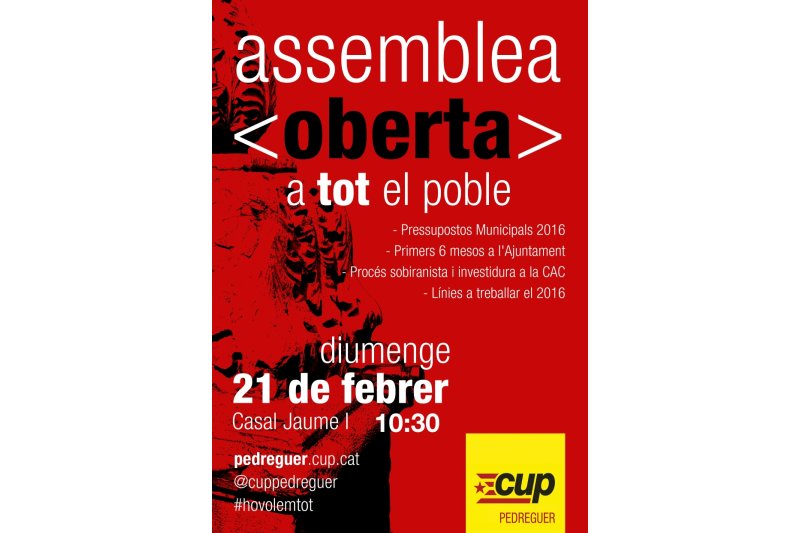 La CUP de Pedreguer convoca assemblea ciutadana La CUP de Pedreguer convoca assemblea ciutadana