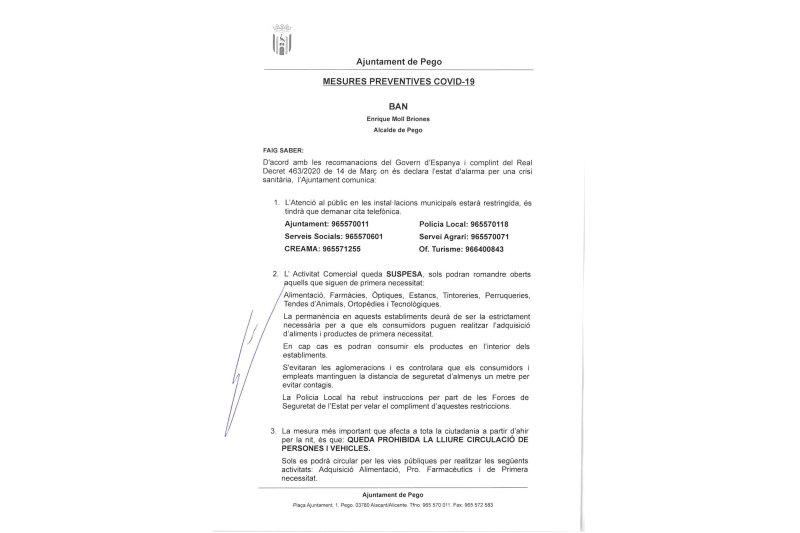 Mesures a Pego pel coronavirus  Mesures a Pego pel coronavirus