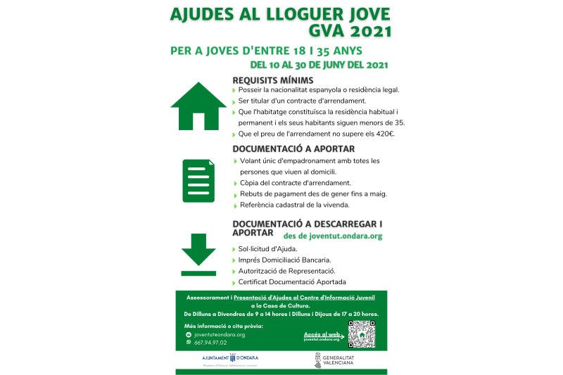 El Centre d’informació juvenil de Ondara es punto de formulación de las solicitudes de ayudas al alquiler joven 2021 El Centre d’informació juvenil de Ondara es punto de formulación de las solicitudes de ayudas al alquiler joven 2021