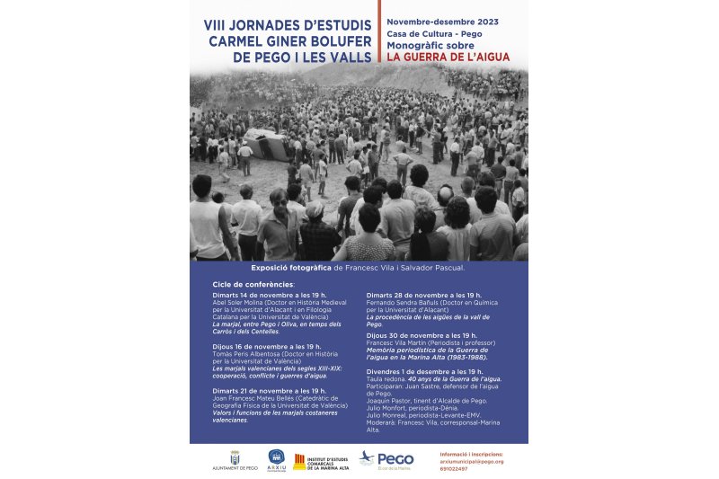 Patrimoni dedica les VIII Jornades d’Estudi Carmel Giner de Pego a “la guerra de l’aigua” del 14 de novembre a l’1 de desembre Patrimoni dedica les VIII Jornades d’Estudi Carmel Giner de Pego a “la guerra de l’aigua” del 14 de novembre a l’1 de desembre