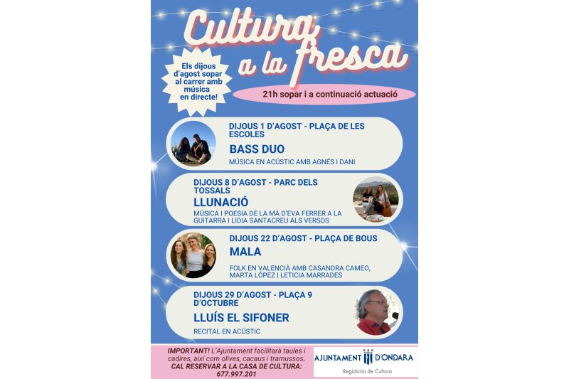 La Regidoria de Cultura d’Ondara presenta una sèrie de sopars al carrer amb música en directe per als dijous d’agost La Regidoria de Cultura d’Ondara presenta una sèrie de sopars al carrer amb música en directe per als dijous d’agost