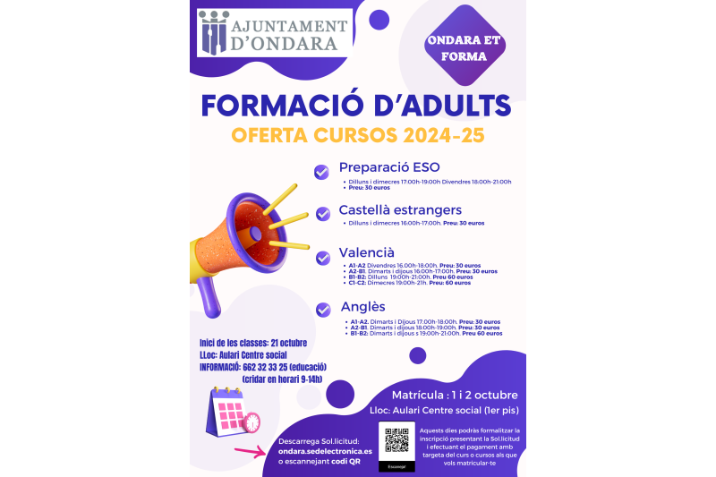 Les Regidories de Ocupació i Formació i la d’Educació presenten la oferta de cursos per a adults “Ondara et forma” Les Regidories de Ocupació i Formació i la d’Educació presenten la oferta de cursos per a adults “Ondara et forma”