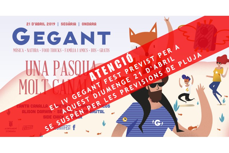 El Gegant Fest previst per aquest diumenge a Ondara se suspen per les previsions de pluja El Gegant Fest previst per aquest diumenge a Ondara se suspen per les previsions de pluja